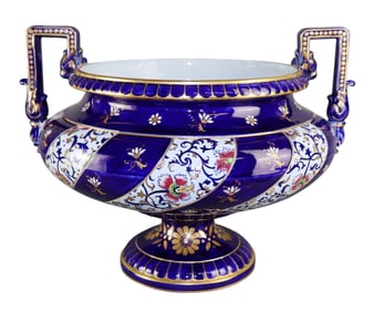 French Sarreguemines cobalt double handled porcelain urn