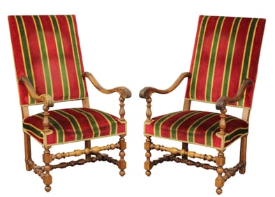 Pair of French Louis XIV style carved armchairs with striped upholstery