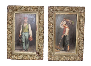 Companion pair of French oil on board portrait paintings