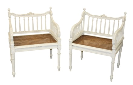 Pair of French Louis XVI style painted armchairs with caned seats