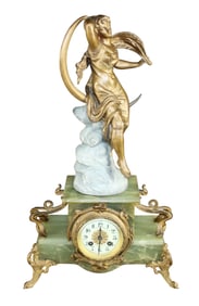 French onyx mantel clock with gilt metal figure of Phebe after Emile Bruchon