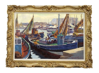 Oil on canvas painting of harbor scene - signed lower right