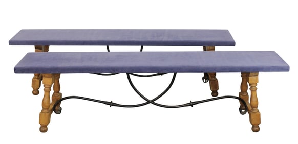 Pair of French oak and iron trestle base benches