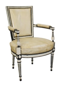 French Louis XVI style painted arm chair with studded leather upholstery