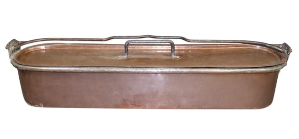 French copper lidded fish poacher with iron handle