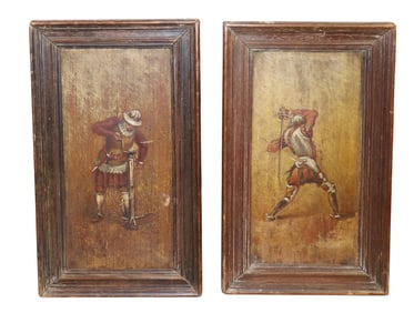 Companion pair of French oil on board paintings of musketeers