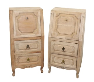Pair of French bleached side cabinets with 2 drawers and drop front