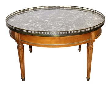 French Louis XVI style marble top coffee table with brass gallery