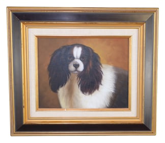 Oil on canvas painting of black & white Cavalier King Charles Spaniel