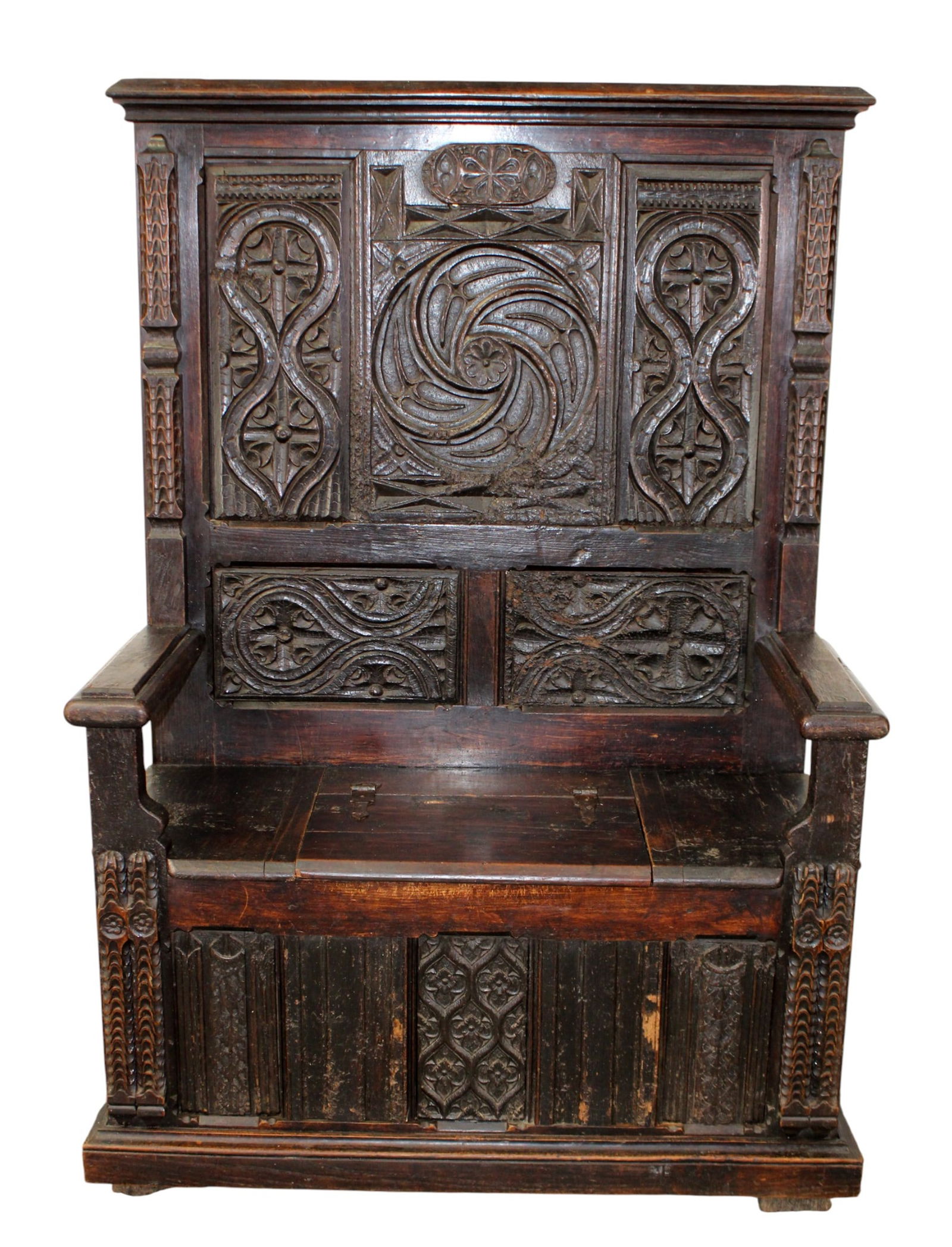 French Gothic Revival high back hall bench (1 of 9)