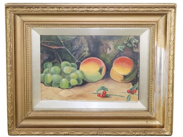 English oil on paper painting still life with fruit