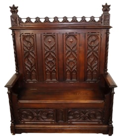 French Gothic revival hall bench in oak