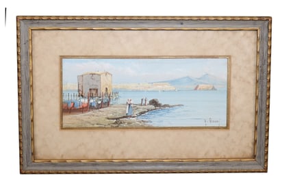 Italian watercolor painting on paper depicting coastal scene