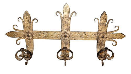 French Gothic Revival gilt over iron wall mount coat rack