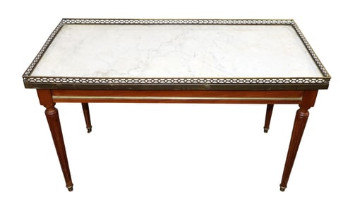 French Louis XVI style marble top coffee table with brass gallery