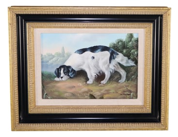 Framed oil on canvas painting of black & white English Setter dog signed l/r K. Rafael