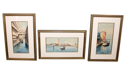 Lot of 3 watercolor paintings of Venice: San Marco square, Rialto Bridge and Gondola
