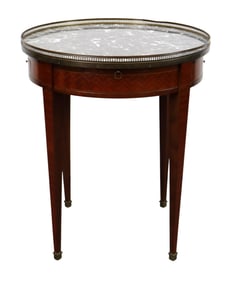 French Louis XVI style bouillotte table with brass gallery and a marble top