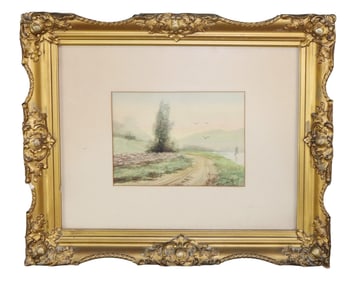 Watercolor on paper painting landscape scene with path