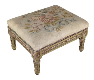 French Louis XVI style needlepoint footstool on carved fluted legs
