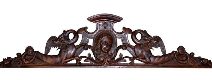 Italian relief carved crest with female mask in walnut
