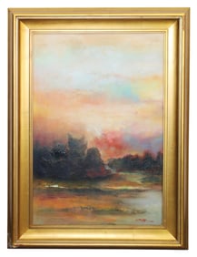 Oil on canvas painting landscape at sunset