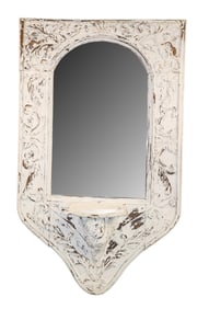 French relief carved painted oak mirror with cherub form shelf