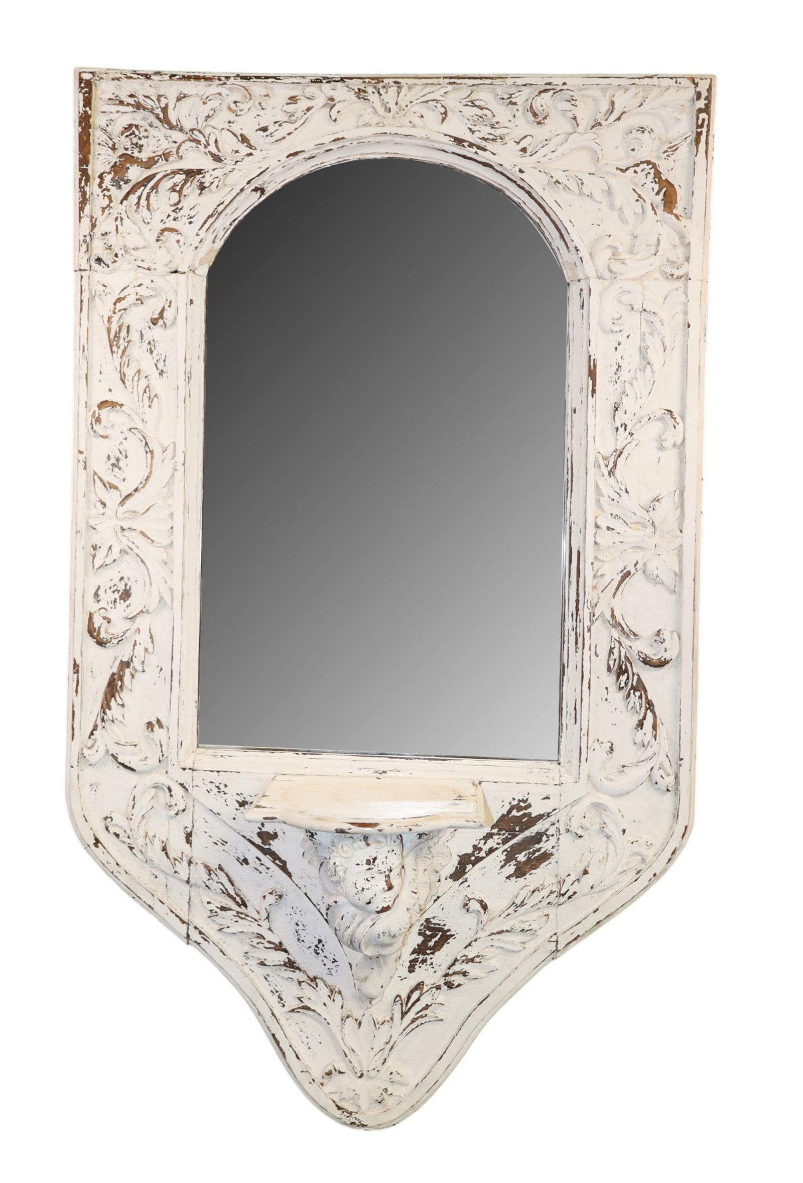 French relief carved painted oak mirror with cherub form shelf (1 of 6)