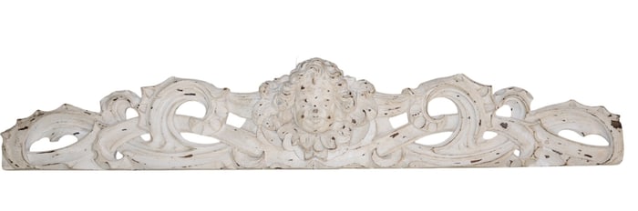 French relief carved and painted crest with cherub mask
