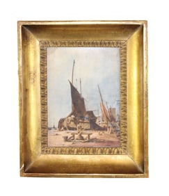 English watercolor on paper painting of shipyard