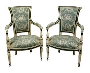 Pair of French Louis XVI style armchairs in painted finish