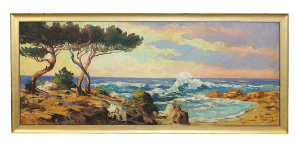 Spanish oil on board painting of coastal beach scene at sunset