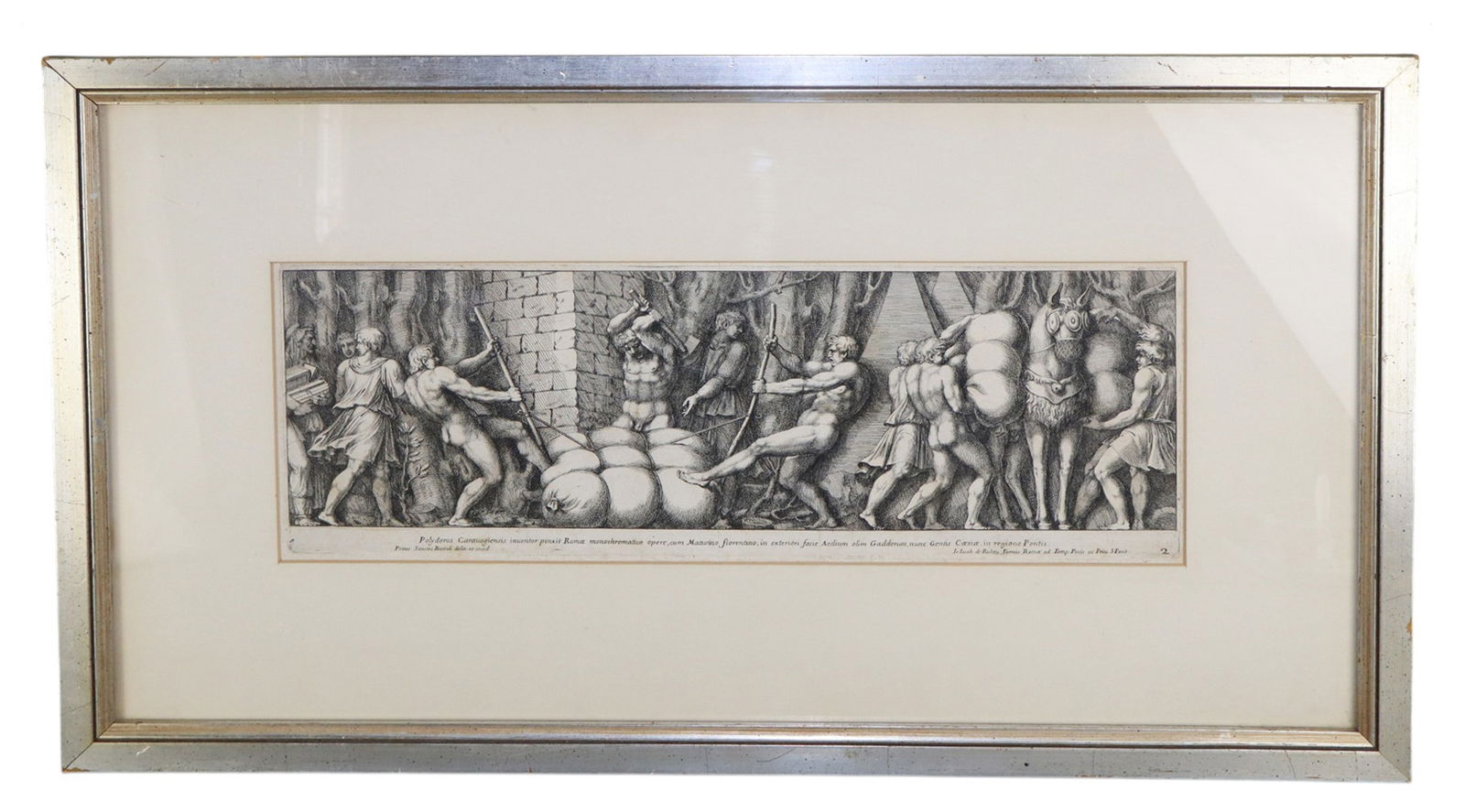 Pietro Santi Bartoli Italian engraving: Pietro Santi Bartoli Italian engraving after Jacobus de Rubeis depicting Roman men loading horses. Overall framed size 15 1/2"h x 26 3/4"w. Weight: 4lbs