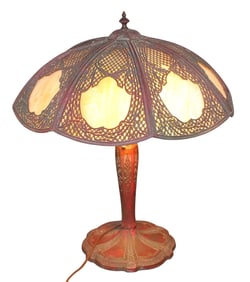 American slag glass lamp with iron overlay