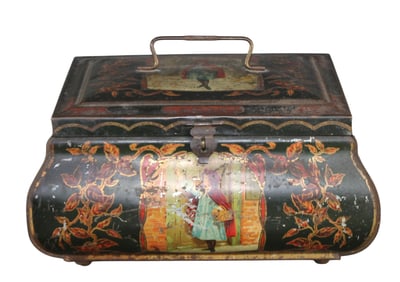 Large tole painted biscuit tin with Little Red Riding Hood scenes by Wed J Bekker