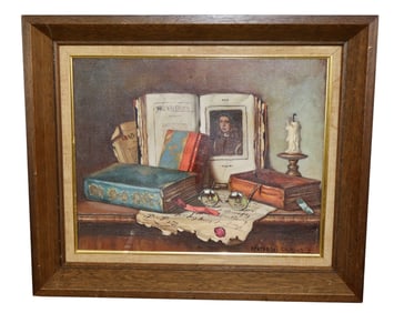 Czene Janos Apatfalvi (1904-1984) Oil on canvas still life painting with books