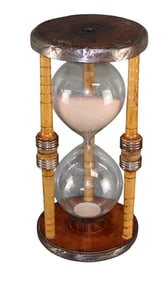 English turned wood & metal-banded hourglass