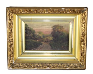 Acrylic on canvas miniature painting depicting landscape scene with road