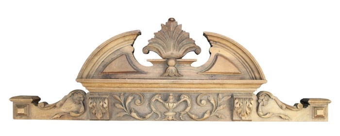 French carved walnut crest with open pediment and central flourish.