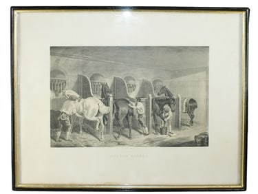 Antique engraving of horses "Stable Scenes"