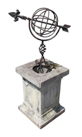 Iron sundial armillary mounted on cast garden stone pedestal