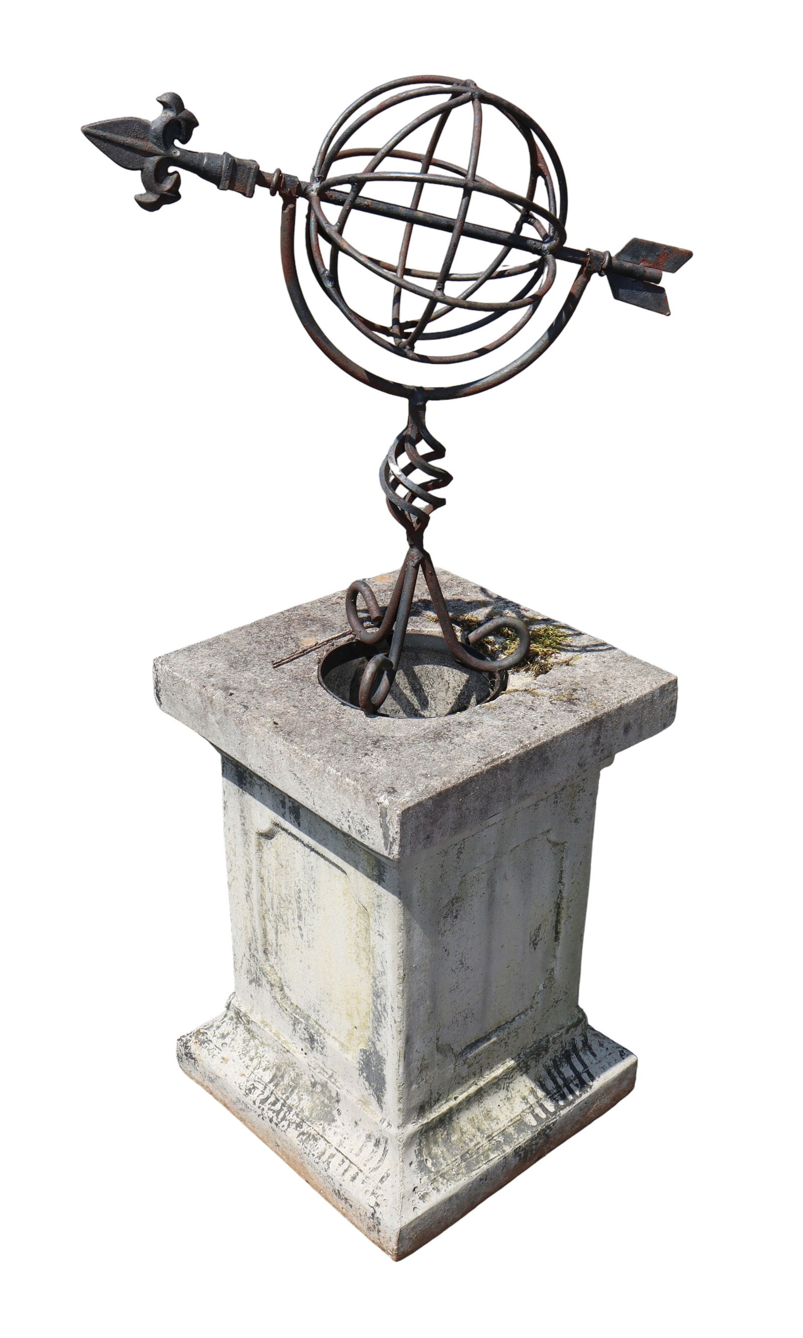 Iron sundial armillary mounted on cast garden stone pedestal (1 of 6)
