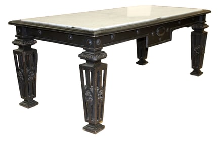 Italian grand scale ebonized library table with marble top
