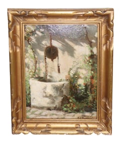French oil on board painting of wishing well