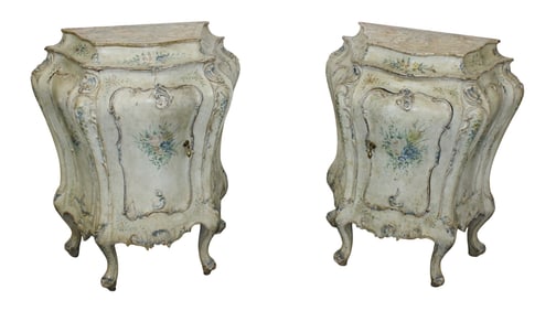 Pair of Venetian pot belly side table chests with painted finish.