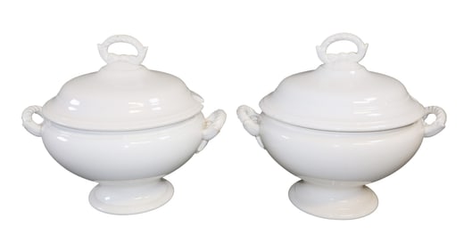 Pair of Belgian white ceramic soup tureens