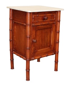 French petite faux bamboo night table in pine with a marble top