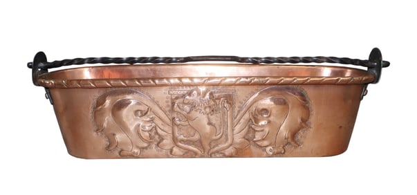 French copper miniature fish poacher with embossed crest