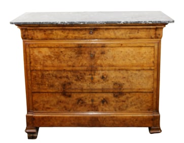 French Louis Philippe commode in burled walnut with a marble top