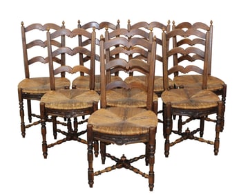 Lot of 8 French Provincial ladder back chairs with rush seats